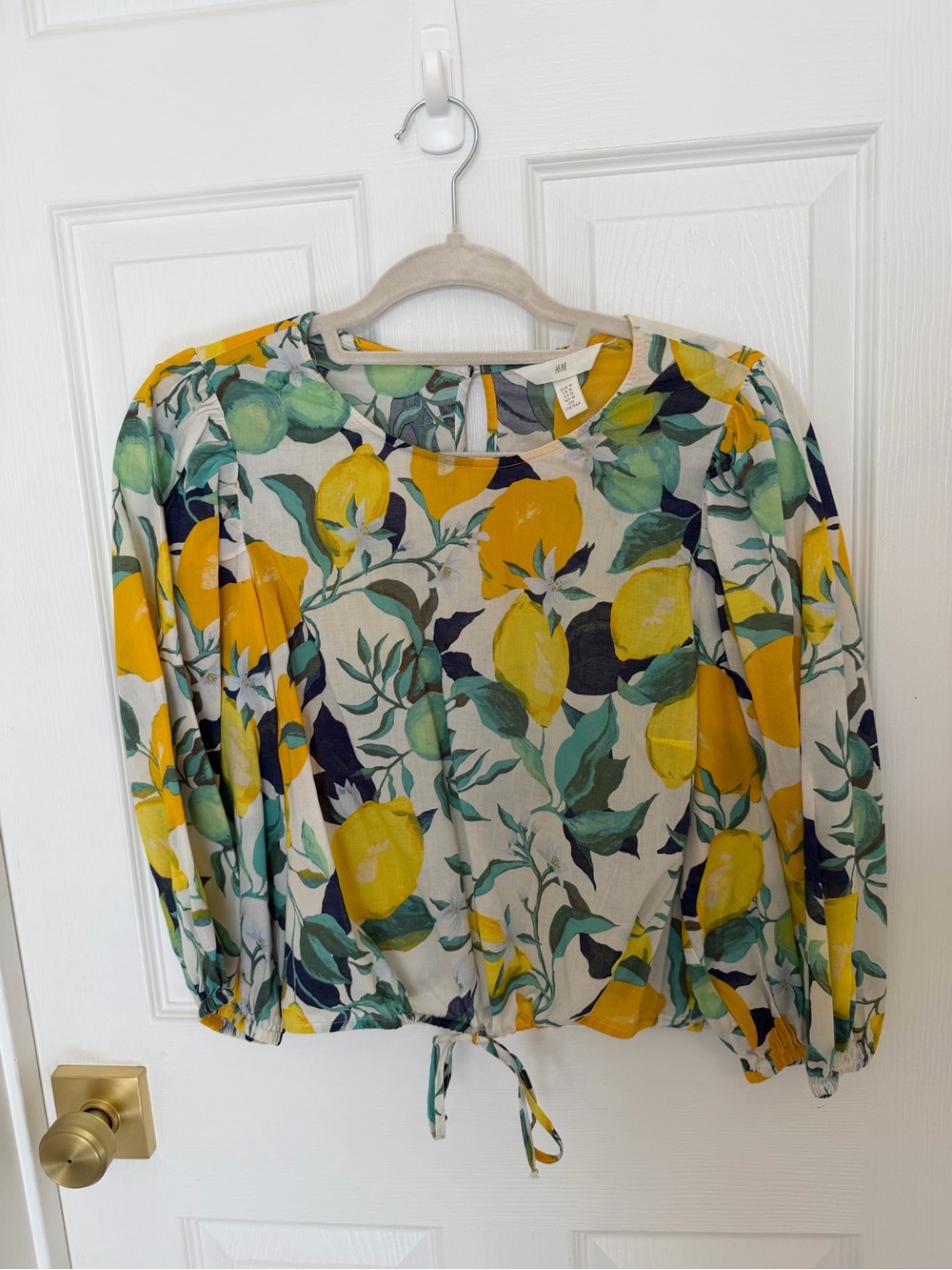 H&M Cream Lemon-Print Long Sleeve Tie-Hem Blouse